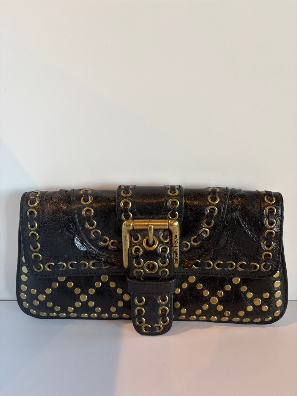 Vintage Isabella Fiore Black Leather Clutch with Gold Stud Accents